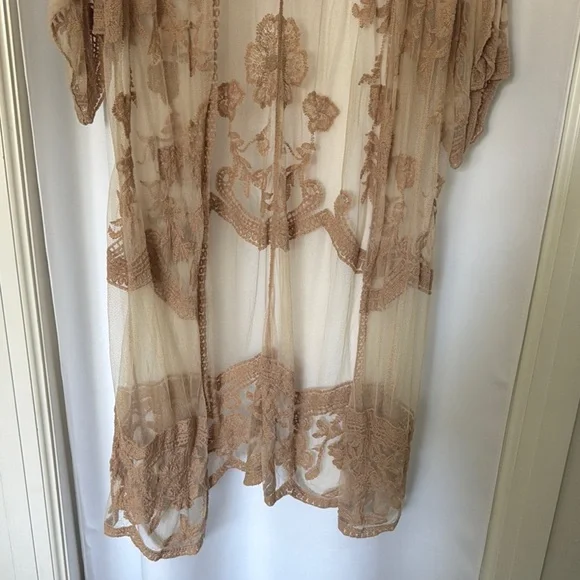Sheer Embroidered Kimono Duster - Tan - Picture 8 of 9
